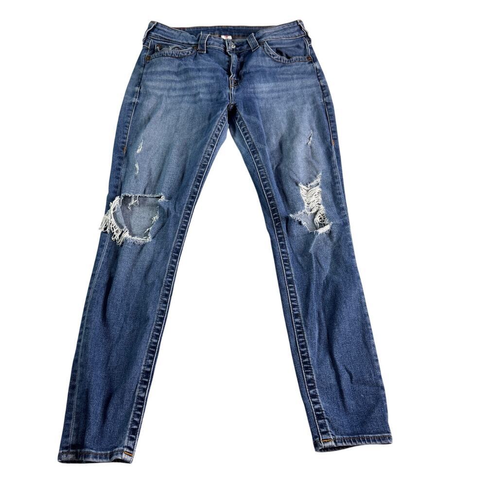 True Religion Jennie SN Flap Destroy Jeans Womens 30 Skinny Distressed Dark Wash